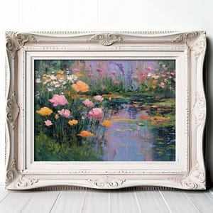 Captivating Rose Garden with Pond - Oil Painting, Cottagecore Spring Wall Art, Earthy Flower Landscape, Printable Vintage Decor Art 7