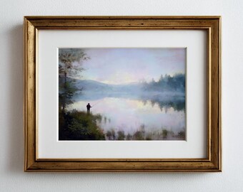 Adirondack Lake Fisherman Sunset Art Print: Serene Landscape (Digital Download)