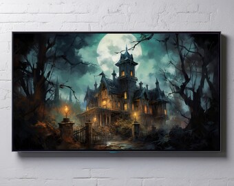 Samsung Frame TV Halloween Art, Spooky Haunted Mansion House, Vintage Portrait Digital Wall Decor