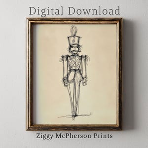 Puede incluir: Impresión digital enmarcada que presenta un boceto de un soldado con uniforme. La obra de arte está en tinta negra sobre un fondo beige, con el texto "Digital Download" y "Ziggy McPherson Prints". El marco es dorado.