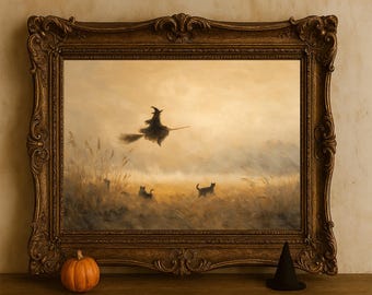 Witch Flying over Misty Fields - Moody Halloween Wall Art, Rustic Autumn Scene, Printable Halloween Decor, Enchanted Evening Painting 11
