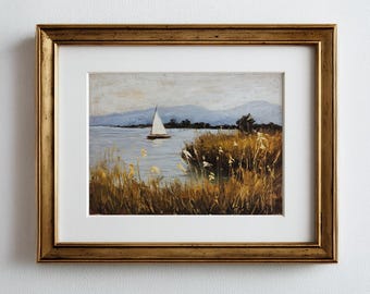 ヴィンテージの帆船湖の絵画：穏やかな航海の壁アート（印刷可能