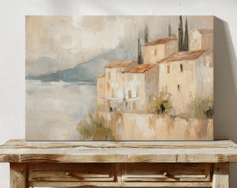 Print van een dorpje op een mediterrane heuvel: ingetogen impressionistische kustkunst (digitale download)