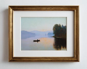 Adirondack Lake Fishing at Dusk Print: Rustic Landscape Painting (Digital Download)