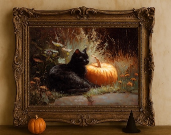 May include: A framed oil painting depicting a black cat sitting next to an orange pumpkin in a grassy field. The ornate, antique-style gold frame surrounds the artwork. A small orange pumpkin and a black witch hat sit on the shelf below.