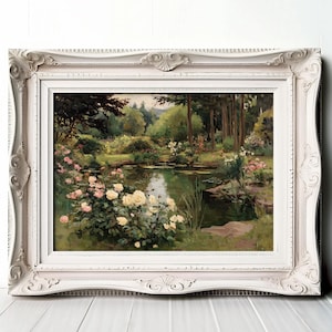 Dipinto vintage con roseto e laghetto: paesaggio floreale in stile cottagecore (download digitale)