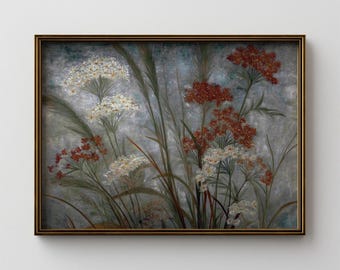 ムーディーな雰囲気の野花植物画、ヴィンテージ風の素朴な野花プリントウォールアート（デジタルダウンロード）