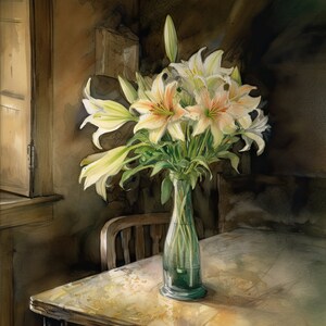 May include: Watercolor painting of a bouquet of white and peach lilies in a green glass vase on a wooden table. The table is in a dimly lit room with a window and a wooden chair in the background. The painting has a soft, natural light.