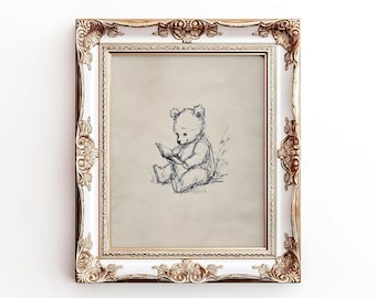 Disegno di un orsacchiotto che legge / Decorazione rustica per la cameretta dei bambini (download digitale)