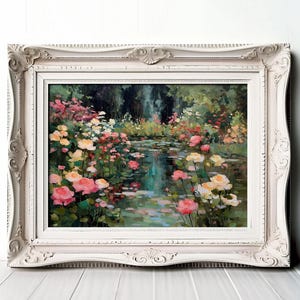 Stampa d&#39;epoca di uno stagno con roseto: paesaggio floreale impressionista (download digitale)