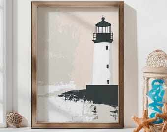 Lámina moderna de faro, diseño plano en blanco, negro y beige, arte de pared en tonos rosados.
