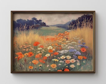 Wildflower Meadow Landscape Print, Vintage Cottagecore Wall Art (Digital Download)