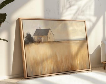 Rustic Farmhouse Cottage, Golden Wheat Field Landscape Printable Wall Art (Digital Download)
