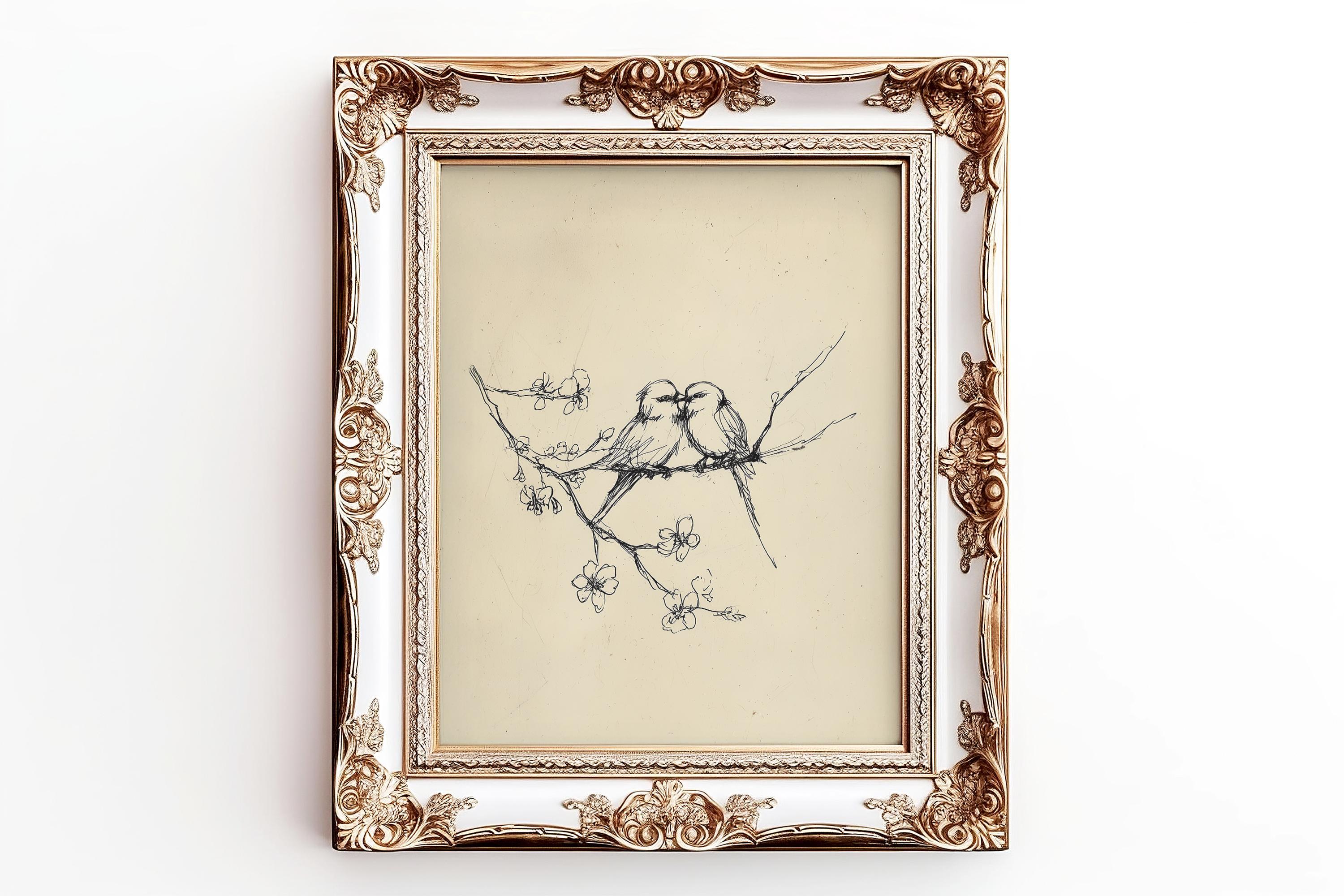 Vintage Love Birds Sketch: Rustic Cottage Wall Art (Digital Download)