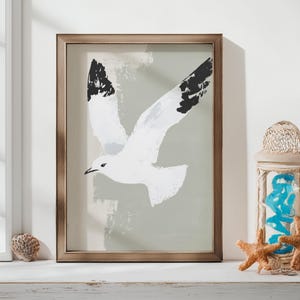 Flying Seagull Wall Art | Minimal Coastal Bird Print | Digital Download Ocean Decor