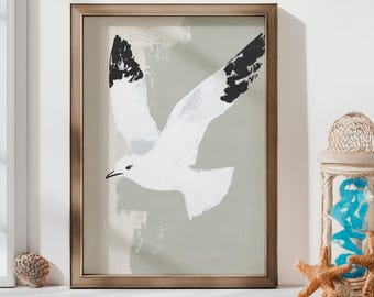 Vliegende zeemeeuw kunst aan de muur | Minimale kustvogelprint | Digitale download Oceaandecor