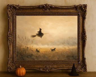 Stampa digitale da parete raffigurante una strega che vola su campi nebbiosi – un'atmosfera suggestiva per Halloween e decorazioni autunnali.