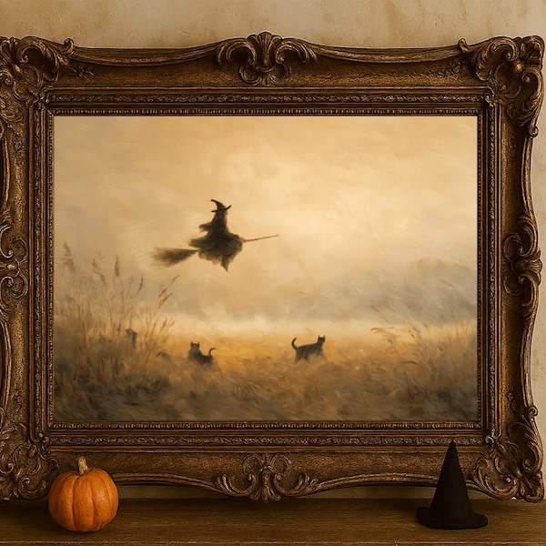 Printable Witch Wall Art Flying Over Misty Fields – Moody Halloween Digital Print for Autumn Deco