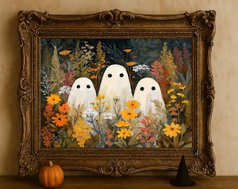 Stampa di fantasmi di Halloween in un giardino di fiori selvatici: spettrale decorazione autunnale in stile cottagecore (download digitale)