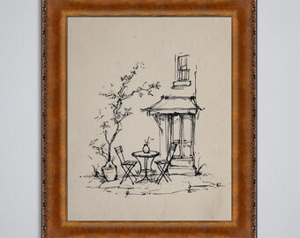 Vintage Bistro Table Sketch, French Cafe Printable Wall Art (Digital Download)