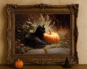Stampa artistica di Halloween con zucca di gatto nero – Decorazione autunnale rustica (download digitale)