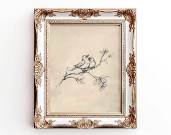 Vintage Love Birds Sketch Print: Rustic Cottagecore Wall Art (Digital Download)