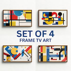 Samsung Frame TV-konstset med 4 korsande former och primärfärger i Bauhaus-stil