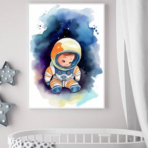 Lindo bebé astronauta acuarela arte impresión INSTANTÁNEA descarga digital, arte de la pared del cuarto de niños, decoración del tema del espacio, arte de la niña, cartel de la habitación de los niños