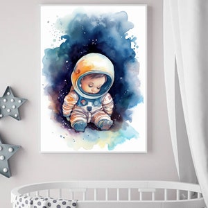 Sleepy Baby Astronaut Acuarela Arte Impresión INSTANTÁNEA DESCARGA Digital, Arte de la pared del cuarto de niños, Decoración del tema del espacio, Arte de la niña bebé, Cartel de la habitación de los niños