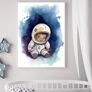 Cutie bebé astronauta acuarela impresión - descarga digital instantánea, arte de la pared del cuarto de niños, decoración del tema del espacio, arte de la niña bebé, cartel de la habitación de los niños