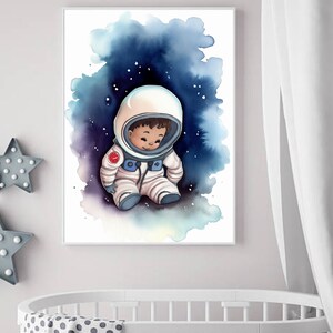 Adorable bebé astronauta acuarela impresión INSTANTÁNEA descarga digital, espacio tema vivero decoración, arte imprimible, bebé vivero, cartel de la habitación de los niños