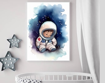 Adorable Baby Astronaut Watercolor Print INSTANT Digital DOWNLOAD, Space Theme Nursery Decor, Printable Art, Baby Nursery, Kids Room poster