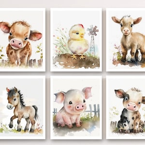 Schattige boerderij dieren aquarel prints voor kinderkamer muur decor: set van 6 schattige baby dieren foto's ideaal voor boerderij kinderkamer peuter speelkamer