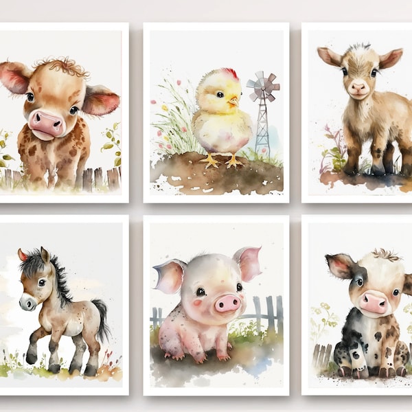 Entzückende Bauernhof Tiere Aquarell Drucke für Kinderzimmer Wand-Dekor: Set von 6 niedlichen Baby Tier Bilder Ideal für Bauernhof Kinderzimmer Kleinkind Spielzimmer