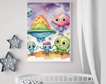 遊び心のあるエイリアンの水彩デジタルプリント、子供部屋や宇宙飛行士のスペースの保育園の装飾、大胆な色、即時ダウンロード、子供用ウォールアート