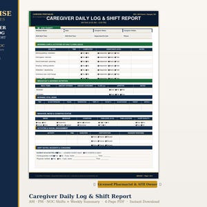 May include: A Caregiver Daily Log & Shift Report printable with sections for daily living activities, vital signs, and incidents. The document is designed for AM, PM, and NOC shifts, and includes a weekly summary. The document is a 4-page PDF.