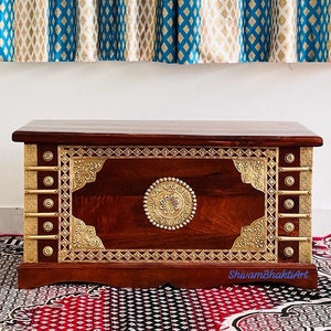 Handcrafted Solid Wooden Truck Storage Box/ Center Trunk Box/ Wooden Trunk Table With Brass Work/ Wooden Coffee Table/ Wooden Trunk Table