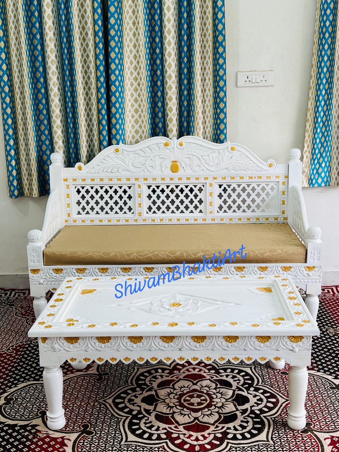 Indian Carved Teak Wood Diwan With Coffee Table - Etsy