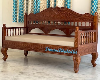 Hand-Carved Teak Wood Diwan, Indian Sofa (60"w x 24"d x 38"h)