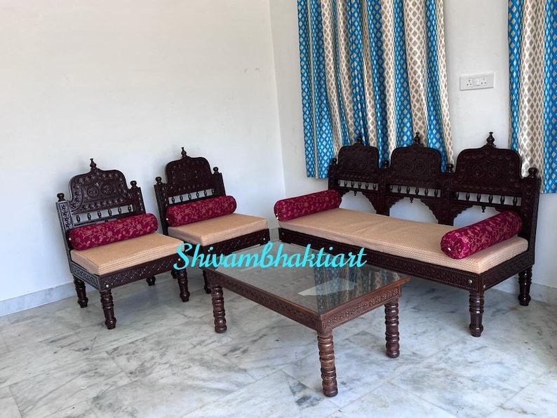 Teak Wood Diwan Set: Fine Carved Indian Sofa - Etsy Canada