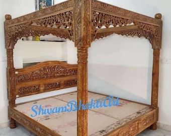 Handgefertigtes Himmelbett aus Teakholz, fein geschnitztes Luxusdesign