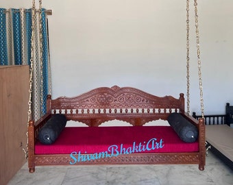 Handmade Teak wooden fine carved swing, Rajasthani traditional carved hanging swing