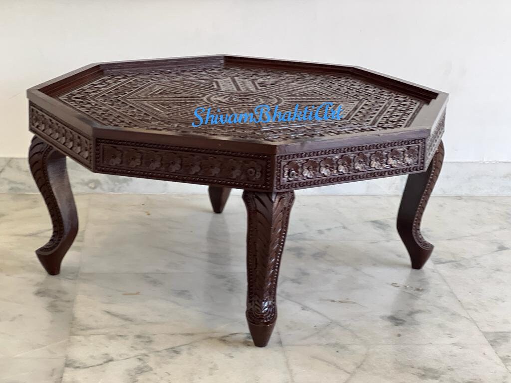 Mesa de té de madera de teca maciza tallada a mano fina de la India / Mesa de centro de madera de teca con tapa de vidrio / Pedido a través de Etsy