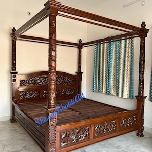 Handmade Teak wooden fine carved king size poster bed / wooden carved poster bed/ Luxury poster bed for VIP home/ Free Shipping