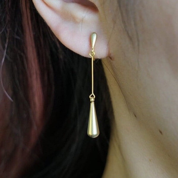 Clip On Earrings Gold Matte Long Chain & Teardrop Dangle Drop, Minimalist Invisible Painfree Coil, Non Pierced Ears, Minimal Dangly Dangling