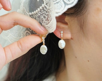 Clip On Earrings Pearl Natural Baroque Gold Plated CZ Diamond Ear Clips | Pain Free Coil | Non Pierced Ears | Bridal Wedding Jewelry Gift