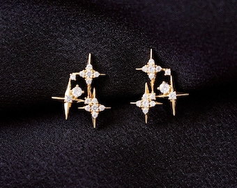 Clip On Earrings Star Minimalist Gold Diamond Stars Dainty Ear Clips | Pain Free Clip Coil Design | Non Pierced Ears | Starry Jewelry Gift