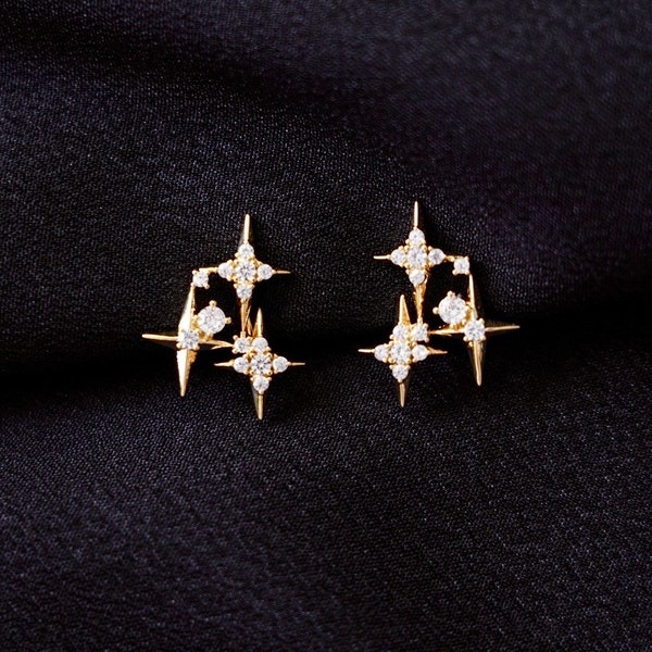 Clip On Earrings Star Minimalist Gold Diamond Stars Dainty Ear Clips | Pain Free Clip Coil Design | Non Pierced Ears | Starry Jewelry Gift