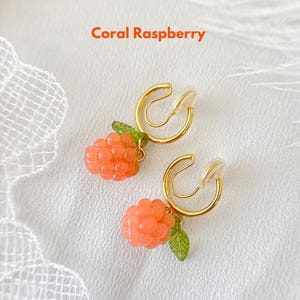 Raspberry Clip On Earrings Gold Hoop Earring Drop Pink Fruit Huggies, Dainty Fair Boho Ear Clips, Non Pierced Ears No Piercing Girl Earring Coral