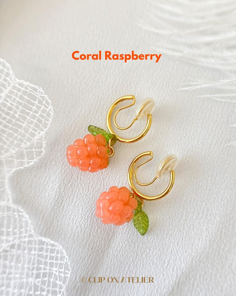 Raspberry Clip On Earrings Gold Hoop Earring Drop Pink Fruit Huggies, Dainty Fair Boho Ear Clips, Non Pierced Ears No Piercing Girl Earring Coral